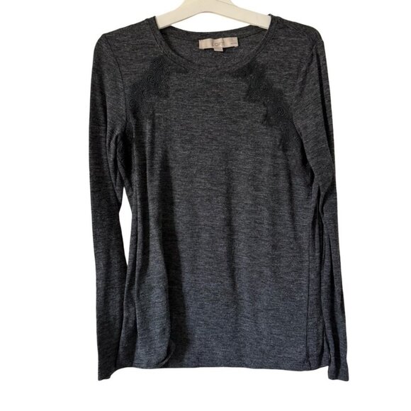 LOFT Charcoal Gray Long Sleeve Knit Top with Lace Detail Size Petite XS - Picture 4 of 5